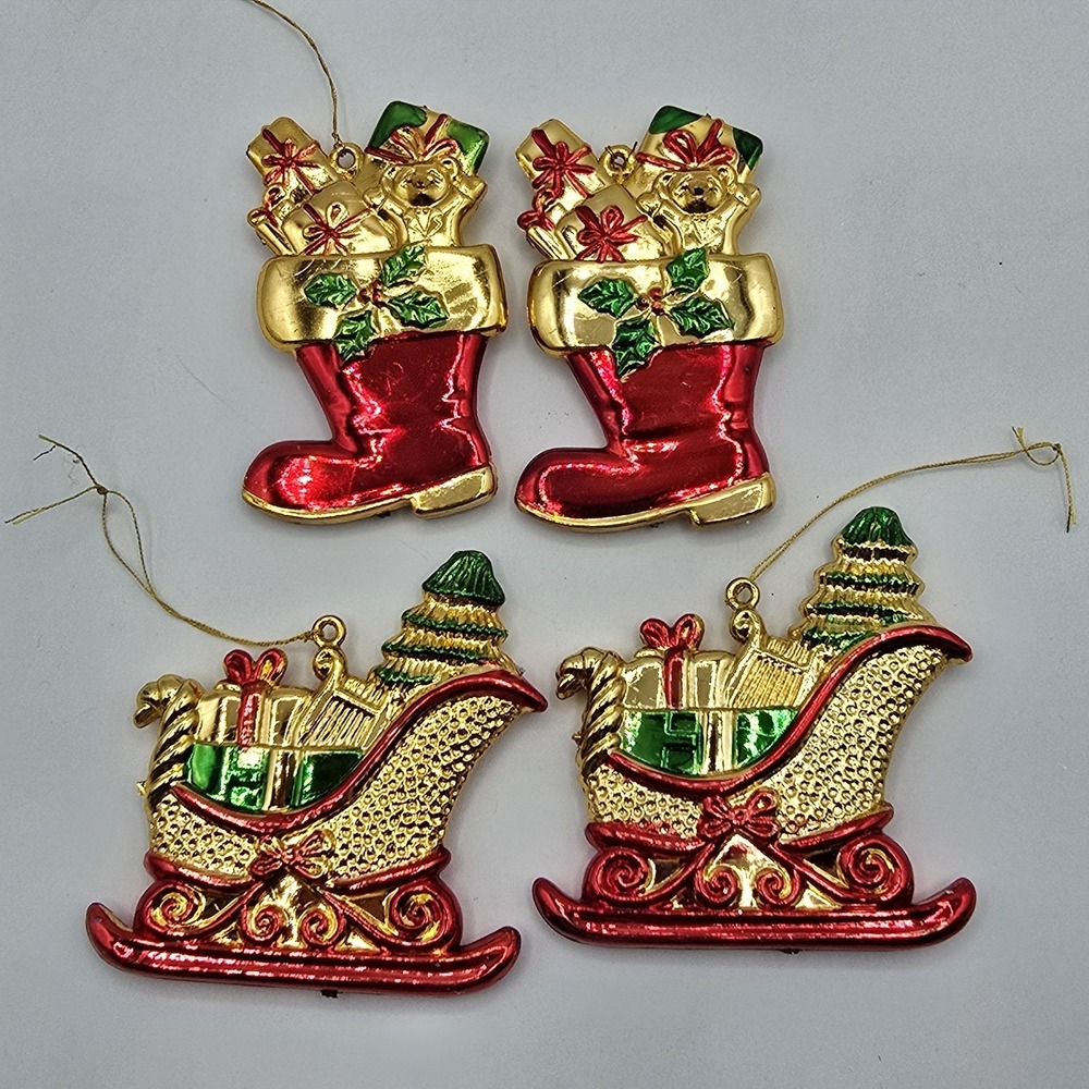 Lot Of 4 Vintage Sleigh & Stocking Christmas Ornaments
